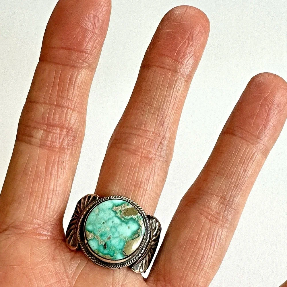 Navajo Turquoise Mens Ring Fox‎ w Pyrite 12 Signed Tillie Jon Sterling Wide Band